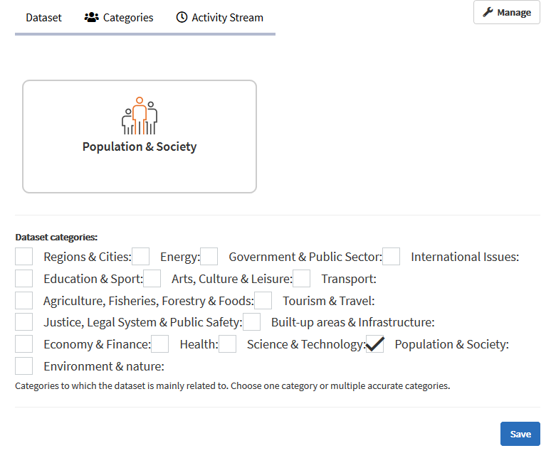 As the dataset's maintainer, you can also edit the categories by selecting the same Categories link.