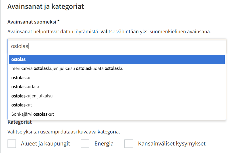 Valitse avainsana kirjoittamalla se avainsanat-kenttään.